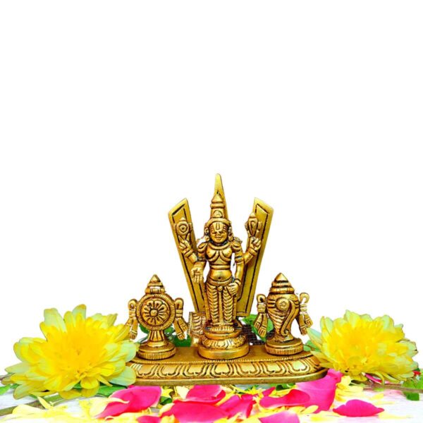 Small Brass Shankh Chakra Stand With Perumal Idol